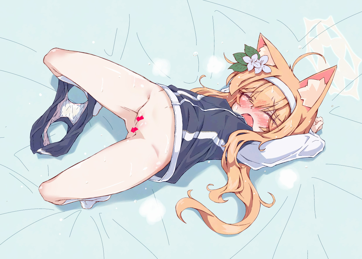 narumiya (narumiya), mari (blue archive), mari (track) (blue archive), blue archive, commentary request, paid reward available, textless version, 1girl, animal ear fluff, animal ears, blush, censored, closed eyes, flower, hair flower, hair ornament, halo, heart, heart censor, jacket, long hair, long sleeves, lying, official alternate costume, on back, open mouth, orange hair, panties, pussy, shorts, socks, solo, track jacket, underwear, white socks