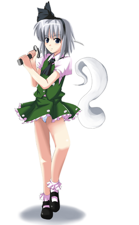 konpaku youmu, konpaku youmu (ghost), touhou, silver hair, 1girl, blue eyes, female focus, hair ribbon, hitodama, katana, panties, ribbon, short hair, solo, striped clothes, striped panties, sword, underwear, weapon
