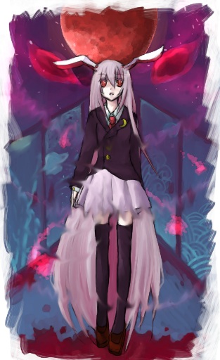 kagurazaka iroha, reisen udongein inaba, touhou, 1girl, animal ears, female focus, full body, outdoors, rabbit ears, sky, solo, standing, thighhighs