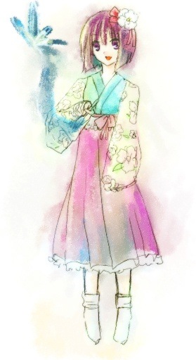 kagurazaka iroha, hieda no akyuu, perfect memento in strict sense, touhou, 1girl, calligraphy brush, female focus, flower, hair flower, hair ornament, paintbrush, purple hair, socks, solo