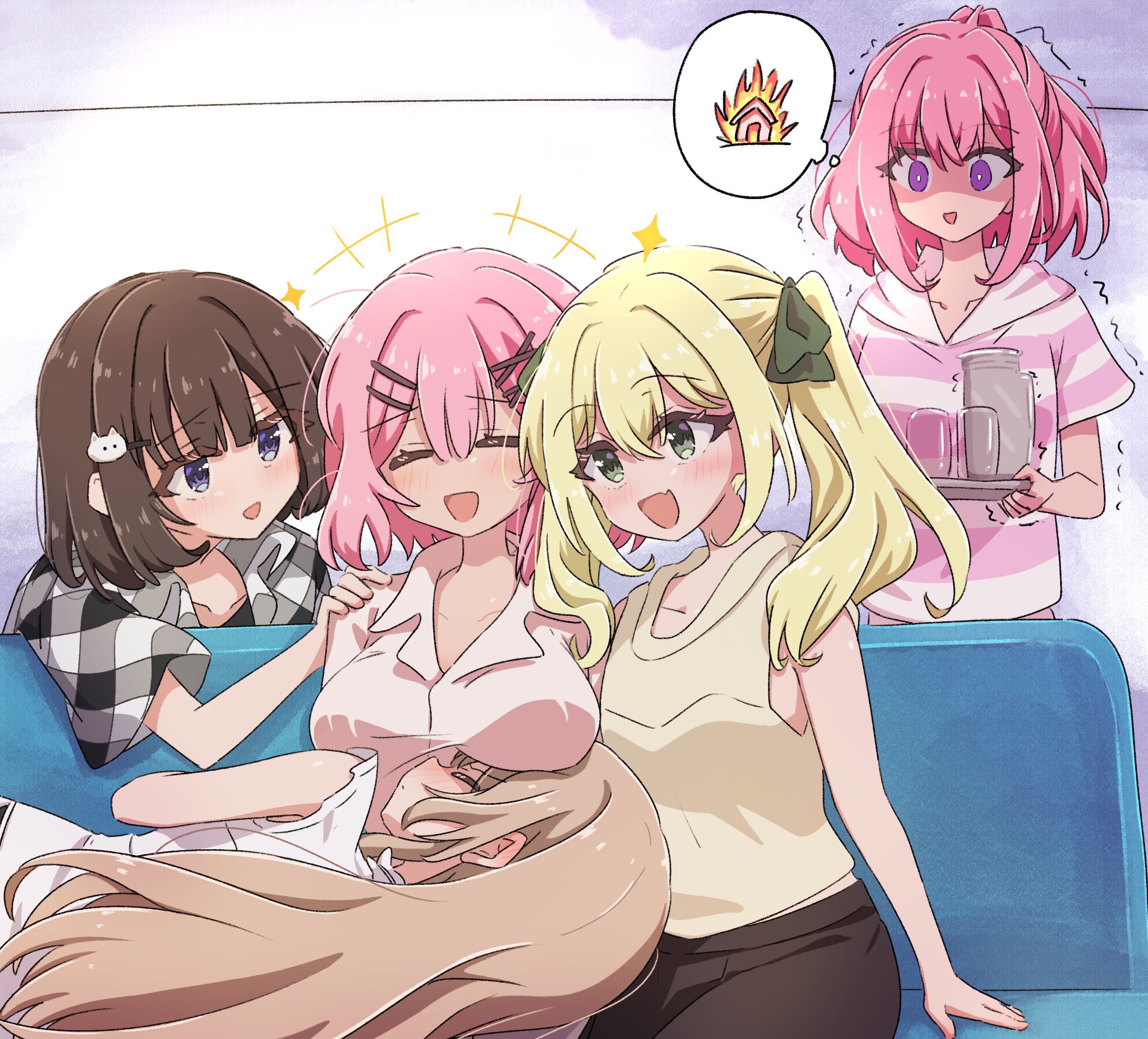 krill55, amaori haruna, amaori renako, sena ajisai, watashi ga koibito ni nareru wake naijan murimuri!, highres, 5girls, blonde hair, brown hair, couch, hair ornament, holding, indoors, lap pillow, lying, minato (watanare), multiple girls, pink hair, seira (watanare), shaded face, sitting, smile, speech bubble, standing, thought bubble, trembling, twintails, x hair ornament