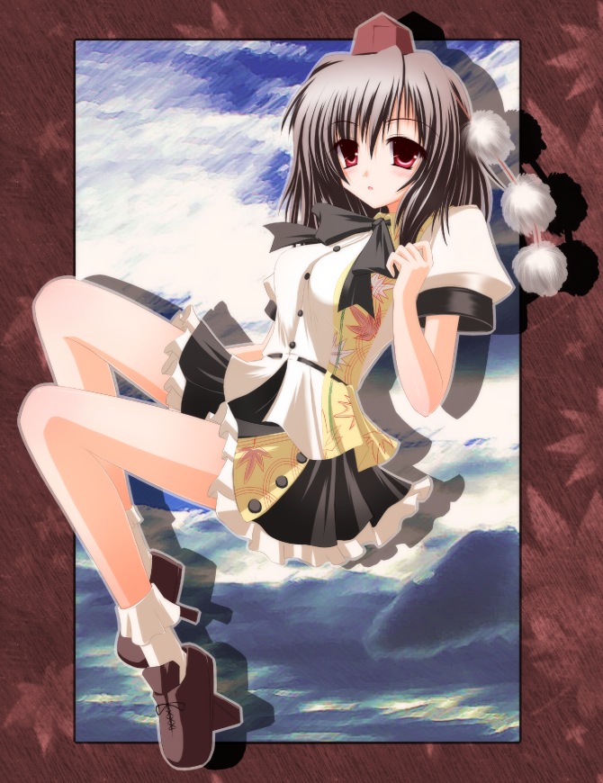 shameimaru aya, touhou, 1girl, female focus, geta, looking at viewer, ribbon, skirt, solo, tengu-geta