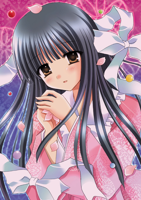 kirishima riona, houraisan kaguya, touhou, 1girl, black hair, female focus, long hair, ribbon, solo, upper body