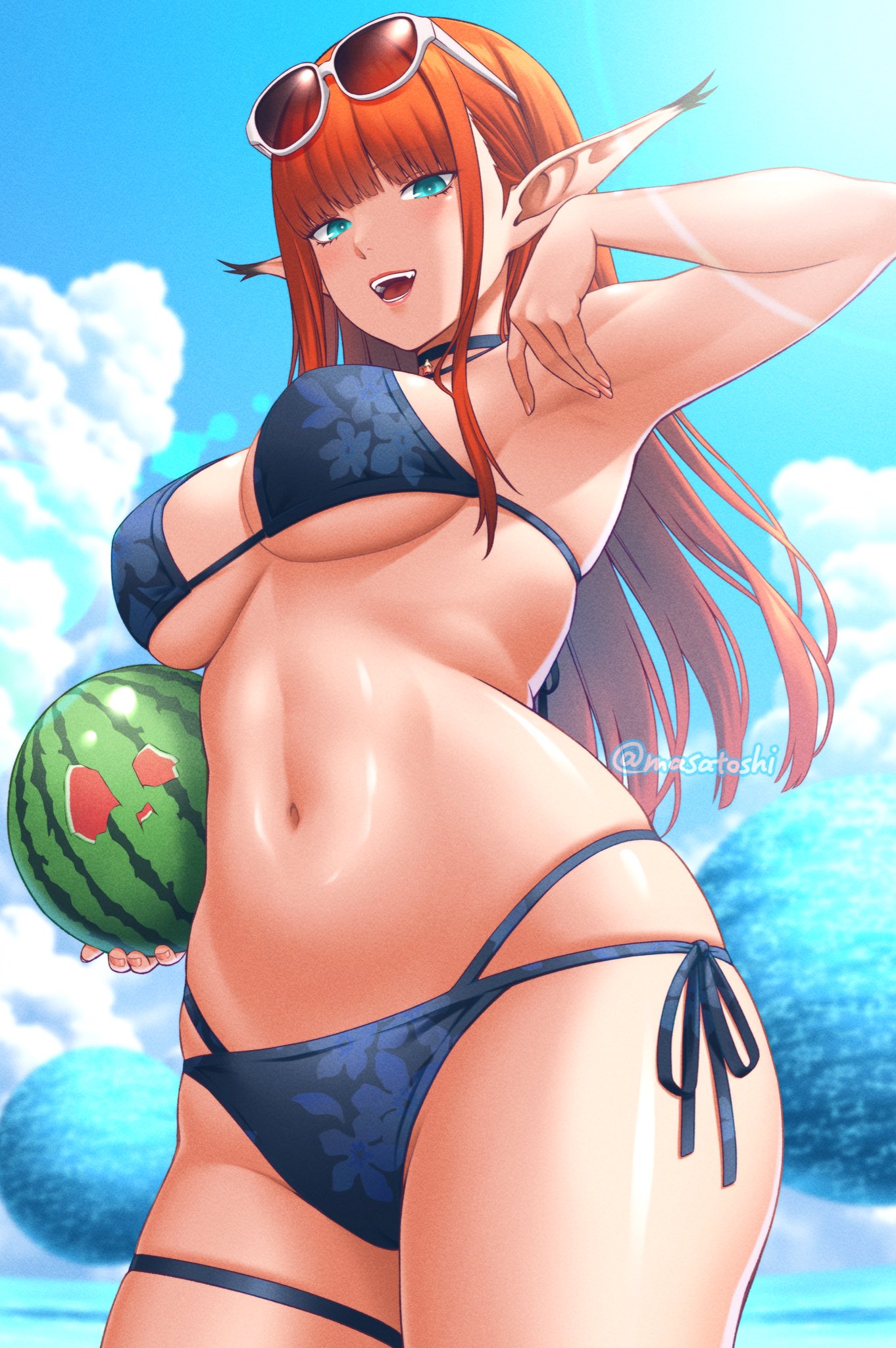masatoshi 1219, hulkenberg (metaphor: refantazio), metaphor: refantazio, highres, 1girl, aqua eyes, bikini, blue bikini, blue sky, breasts, cloud, cumulonimbus cloud, eyewear on head, floral print bikini, food, fruit, holding, holding food, holding fruit, holding watermelon, long hair, looking at viewer, open mouth, orange hair, pointy ears, sky, solo, swimsuit, tinted eyewear, watermelon