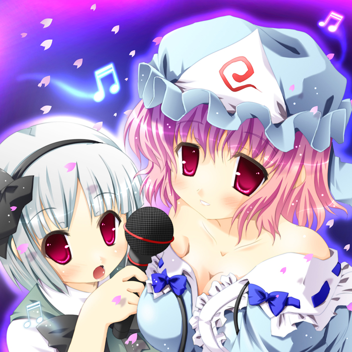 monchy pom, konpaku youmu, saigyouji yuyuko, touhou, 2girls, black bow, black hairband, blue hat, bob cut, bow, breasts, cleavage, collarbone, female focus, frilled shirt collar, frills, gradient background, grey hair, grin, hairband, hat, large breasts, microphone, mob cap, multiple girls, musical note, open mouth, pink hair, red eyes, ribbon-trimmed collar, ribbon trim, sexually suggestive, shirt bow, short hair, smile, triangular headpiece, upper body
