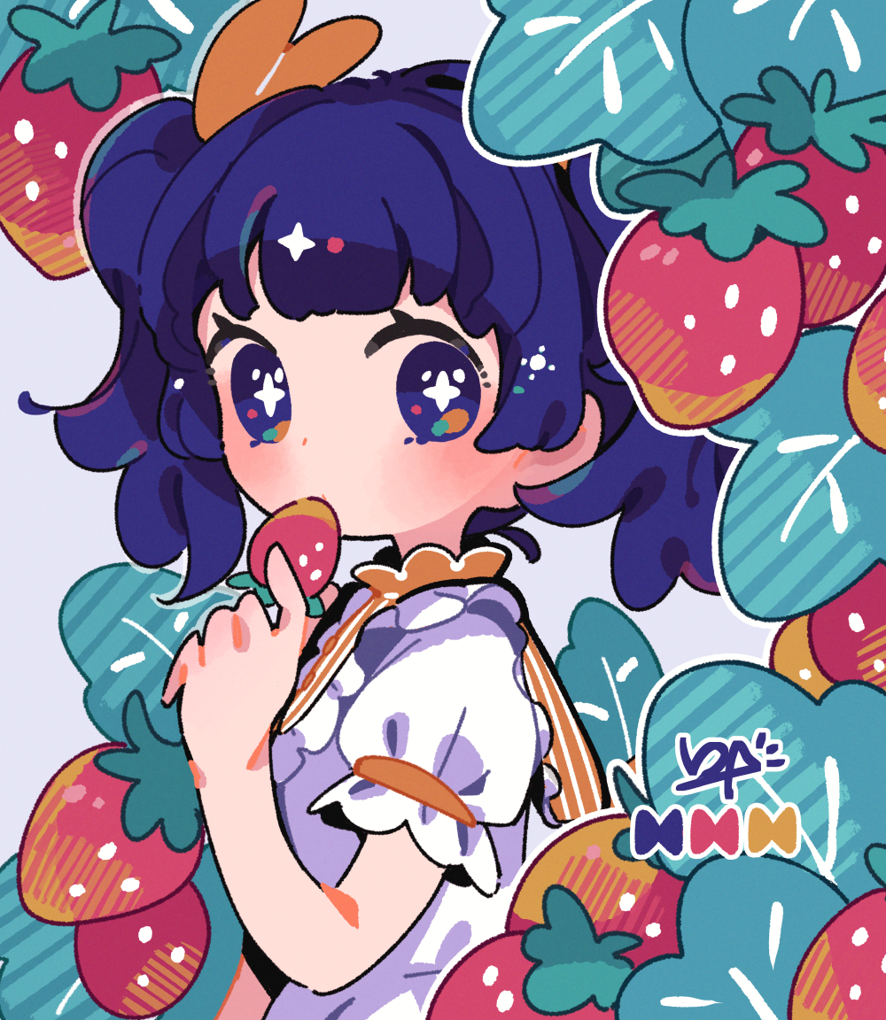 nagino nichiko, original, commentary, + +, 1girl, blue eyes, blue hair, blush, closed mouth, food, frilled sleeves, frills, fruit, holding, holding food, holding fruit, leaf, looking at viewer, medium hair, outline, shirt, short sleeves, simple background, solo, strawberry, twintails, upper body, white background, white outline, white shirt