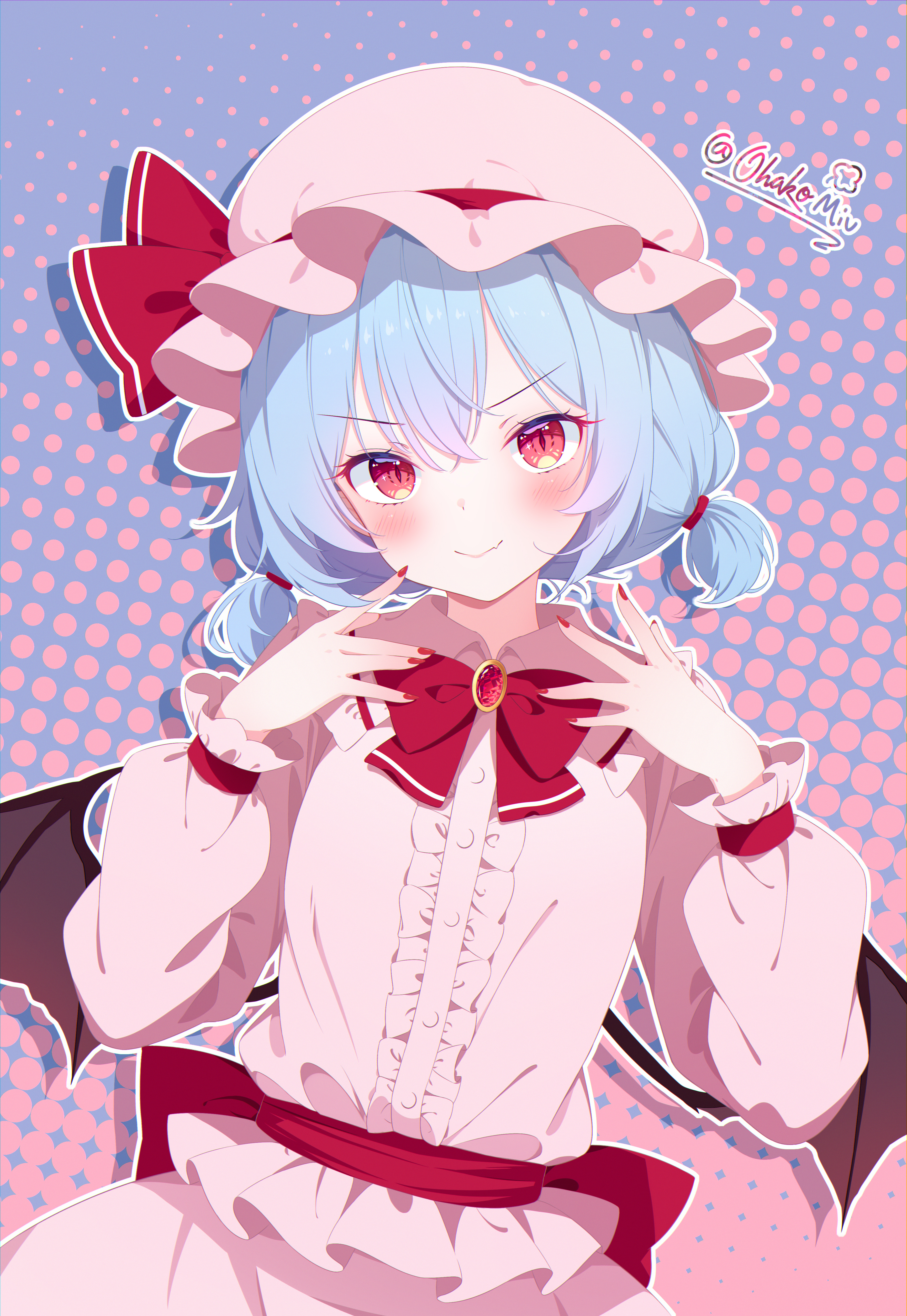ohako miyu, remilia scarlet, touhou, absurdres, chinese commentary, commentary request, highres, partial commentary, 1girl, alternate hairstyle, bat wings, blue background, blue eyes, blue hair, blush, bow, bowtie, brooch, center frills, closed mouth, collared shirt, cowboy shot, fang, frills, hair between eyes, hair tie, hands up, hat, hat ribbon, jewelry, long sleeves, looking at viewer, mob cap, pink background, pink hat, pink shirt, pink skirt, red bow, red bowtie, red eyes, red nails, red ribbon, ribbon, shirt, short hair, short twintails, signature, skin fang, skirt, slit pupils, smile, solo, twintails, twitter username, two-tone background, v-shaped eyebrows, wings