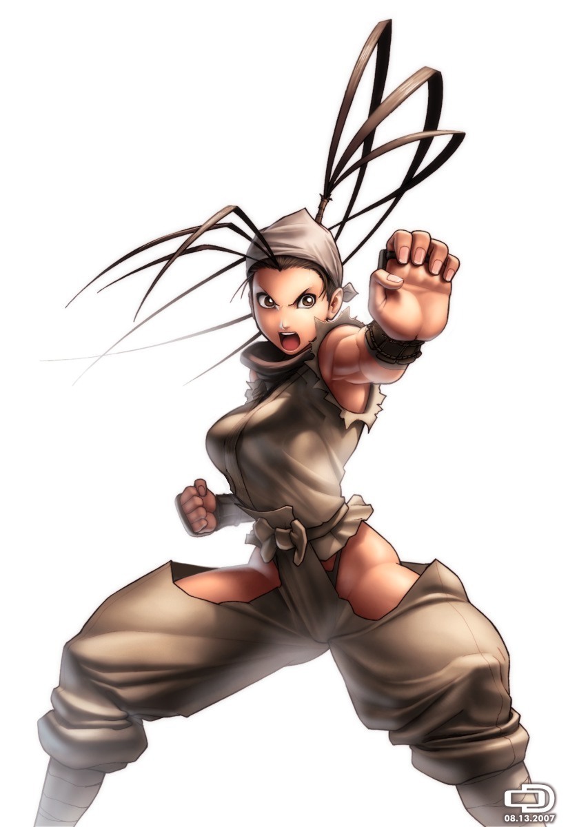 omar dogan, fighter, ibuki (street fighter), capcom, street fighter, street fighter iii (series), highres, 1girl, 2007, antenna hair, baggy pants, bandana, bare hips, bare shoulders, breasts, clenched hand, clothing cutout, dated, female focus, fighting stance, fingernails, grey bandana, hair slicked back, high ponytail, hip vent, large breasts, muscular, ninja, open mouth, panties, pants, panty peek, ponytail, solo, teeth, torn clothes, torn sleeves, underwear, upper teeth only, white background
