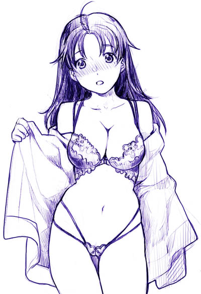 nekomata naomi, ballpoint pen (medium), pen (medium), traditional media, 1girl, ahoge, blush, bra, breasts, cleavage, curvy, female focus, highleg, highleg panties, large breasts, lingerie, long hair, monochrome, navel, panties, parted lips, sketch, solo, underwear