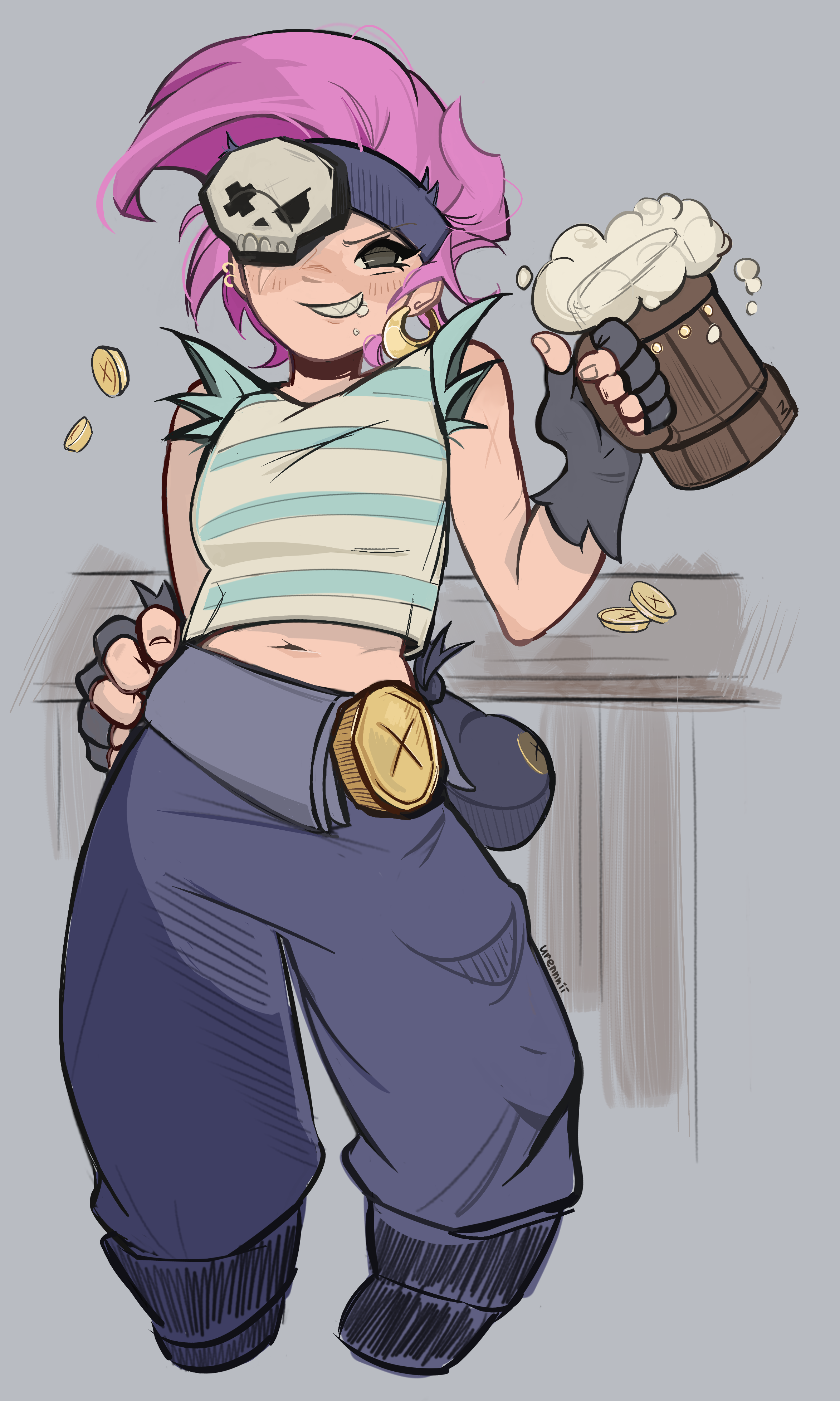 penny (brawl stars), brawl stars, absurdres, highres, alcohol, beer, beer mug, belly, blush, coin, cup, denim, earrings, eyepatch, headband, jeans, jewelry, mug, pants, pink hair, pirate, ripped sleeve, smug, urennnii