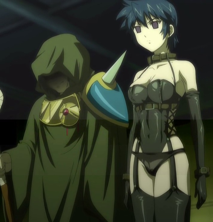 kudou nanase, kaze no stigma, anime screenshot, stitched, third-party edit, 00s, 1girl, bare shoulders, bondage outfit, breasts, cleavage, collar, elbow gloves, empty eyes, gloves, lingerie, mind control, panties, thighhighs, underwear
