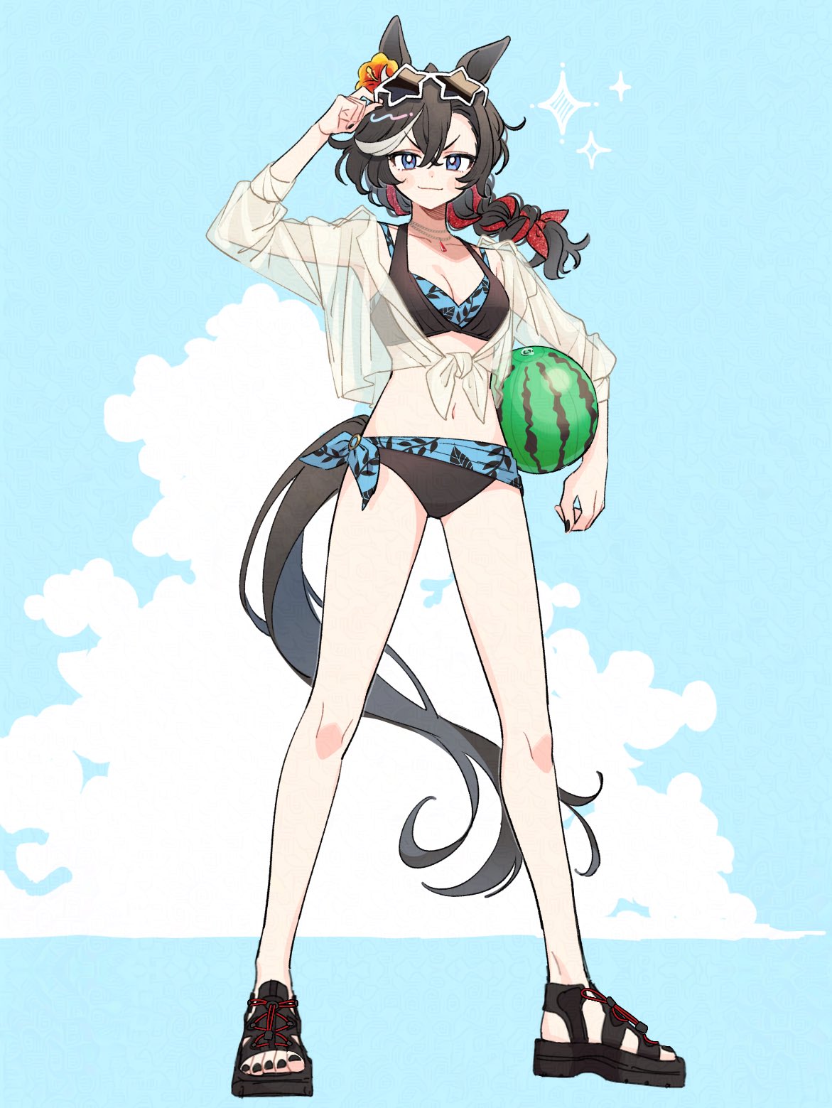 acta 0907, umamusume, character request, highres, 1girl, animal ears, bikini, black bikini, black hair, black nails, blue eyes, braid, food, fruit, full body, horse ears, horse girl, horse tail, long hair, multicolored bikini, multicolored hair, nail polish, open-toe shoes, see-through clothes, see-through shirt, shirt, side-tie bikini bottom, single braid, smile, solo, star-shaped eyewear, star (symbol), streaked hair, swimsuit, tail, toenail polish, toenails, two-tone bikini, watermelon, white hair, white shirt