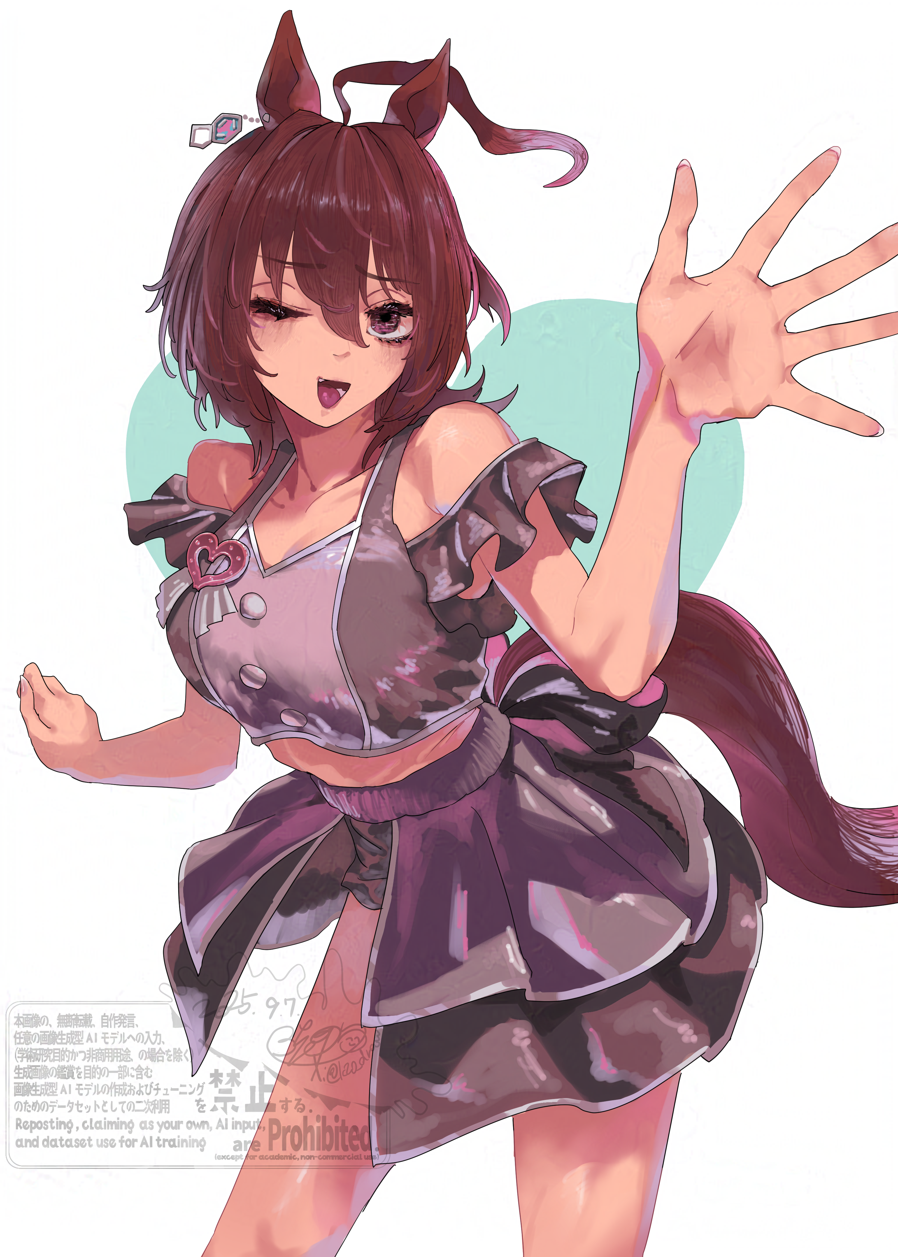 rinka (tonariuta), agnes tachyon (umamusume), umamusume, absurdres, highres, 1girl, ahoge, animal ears, black shirt, black skirt, blush, breasts, brown hair, cleavage, clothing cutout, hair between eyes, horse ears, horse girl, horse tail, large breasts, looking at viewer, one eye closed, open mouth, red eyes, shirt, short hair, short sleeves, shoulder cutout, sidelocks, skirt, solo, tail