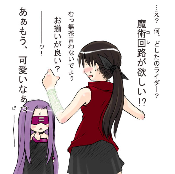skull mania, medusa (fate), medusa (rider) (fate), tohsaka rin, fate/stay night, fate (series), 00s, 2girls, chibi, multiple girls, ponytail