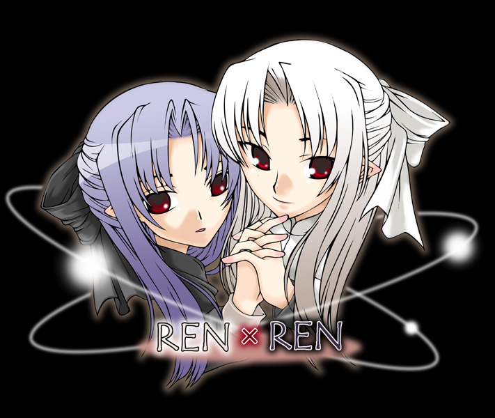 skull mania, len (tsukihime), white len (tsukihime), tsukihime, french braid, 00s, 2girls, black background, braid, character name, half updo, holding hands, looking at viewer, multiple girls, pointy ears, red eyes, simple background, upper body, white hair, yuri