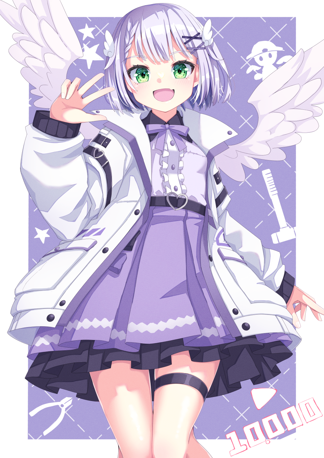 uumaru, indie virtual youtuber, commentary request, highres, 1girl, :d, border, bow, center frills, fang, feathered wings, frills, green eyes, grey hair, hair ornament, hairclip, hand up, jacket, long sleeves, looking at viewer, meko taichou, open clothes, open jacket, open mouth, pleated skirt, puffy long sleeves, puffy sleeves, purple background, purple bow, purple shirt, purple skirt, shirt, skindentation, skirt, smile, solo, thigh strap, virtual youtuber, white border, white jacket, white wings, wing hair ornament, wings, x hair ornament