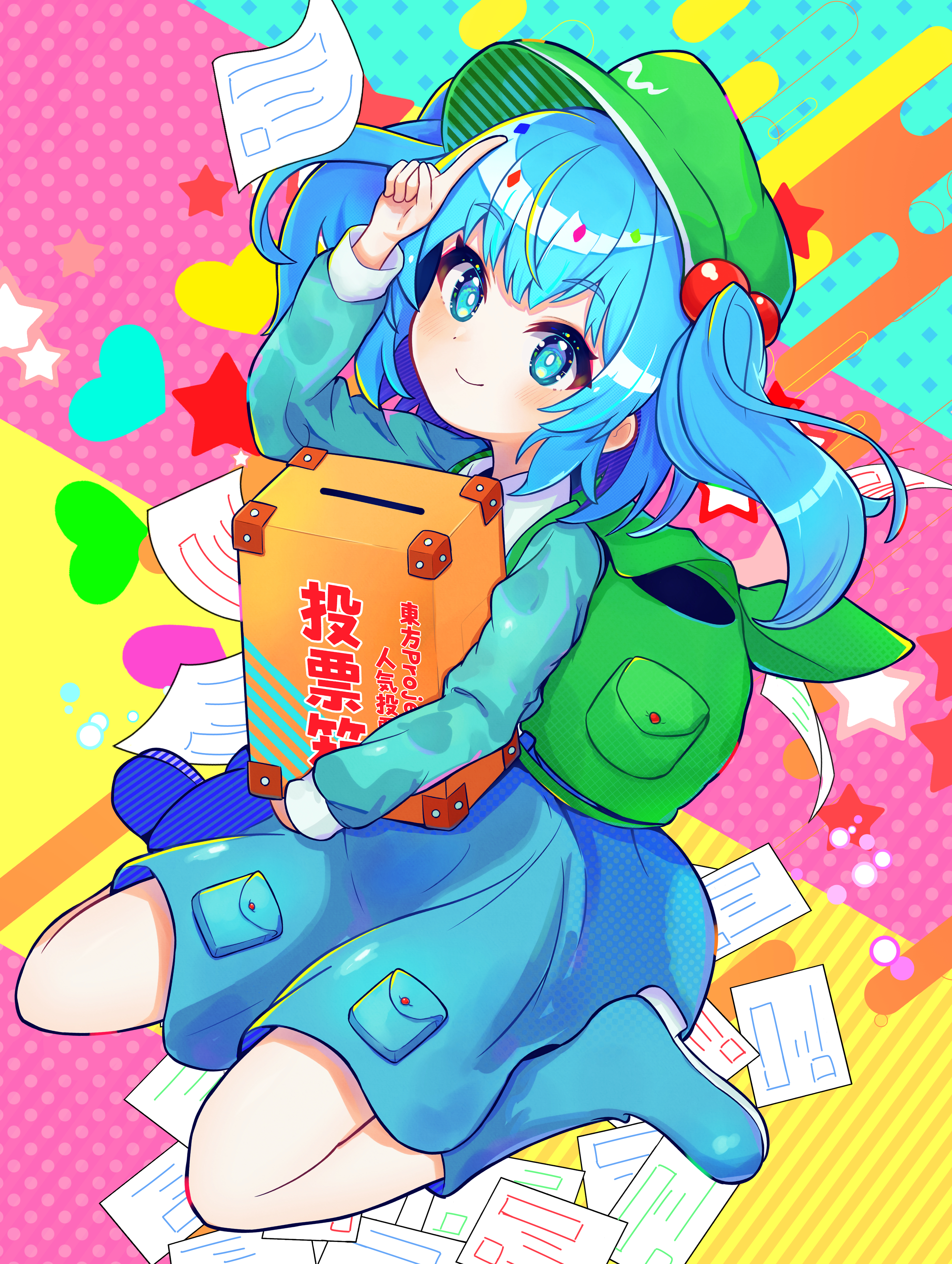 youkibutsu, kawashiro nitori, touhou, absurdres, commentary request, highres, translation request, 1girl, backpack, bag, blue eyes, blue hair, blue shirt, blue skirt, blush, boots, box, closed mouth, diagonal-striped background, dot nose, green bag, hair bobbles, hair ornament, hand up, hat, heart, holding, holding box, index finger raised, long sleeves, looking at viewer, newsboy cap, polka dot, polka dot background, shirt, simple background, sitting, skirt, skirt pocket, skirt set, smile, solo, striped background, two side up, wariza