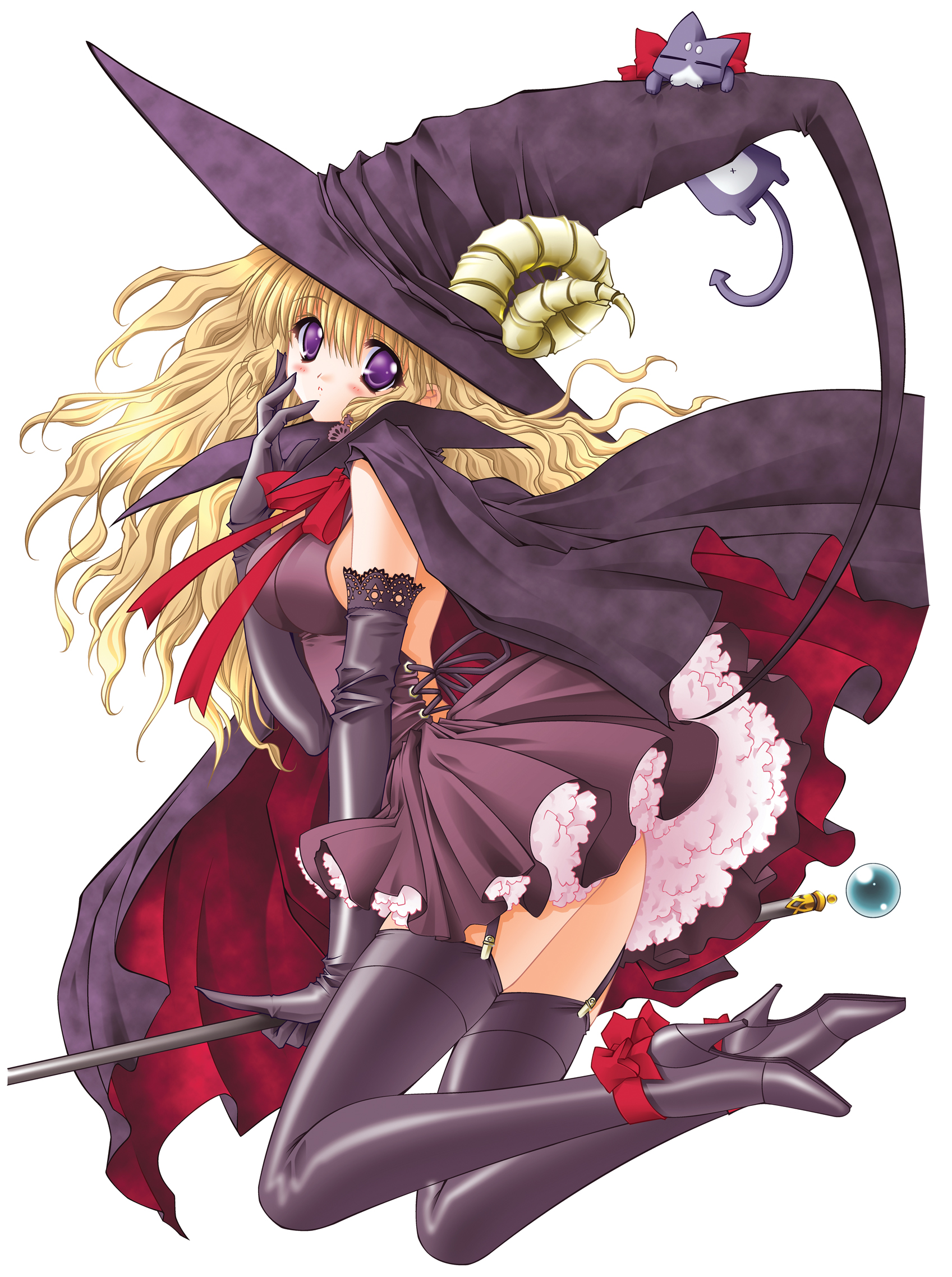 carnelian, lilith (yamibou), yami to boushi to hon no tabibito, highres, 00s, 1girl, alternate costume, blonde hair, blush, cat, dress, elbow gloves, female focus, frills, garter straps, gloves, hat, horns, looking at viewer, no bra, short dress, simple background, single horn, solo, thighhighs, white background, witch hat, zettai ryouiki