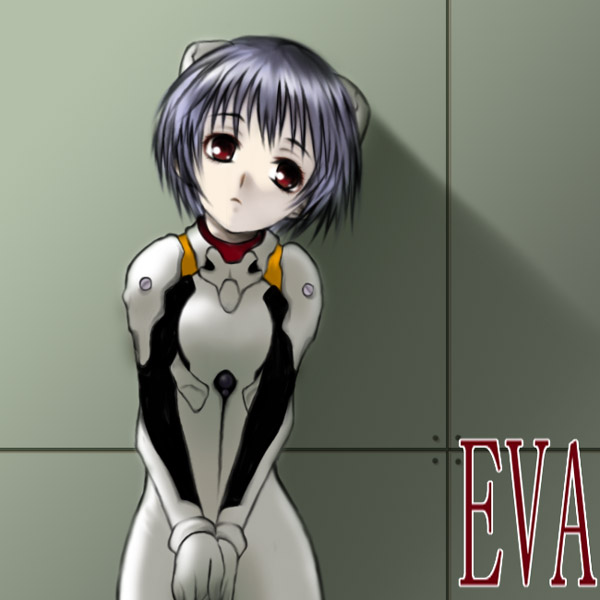 skull mania, ayanami rei, neon genesis evangelion, 1girl, against wall, blue hair, bodysuit, bracer, breasts, closed mouth, copyright name, cowboy shot, expressionless, female focus, gloves, head tilt, headgear, indoors, interface headset (evangelion), looking at viewer, mecha pilot suit, own hands together, pale skin, plugsuit (evangelion), red eyes, shadow, short hair, skinny, small breasts, solo, standing, turtleneck, v arms