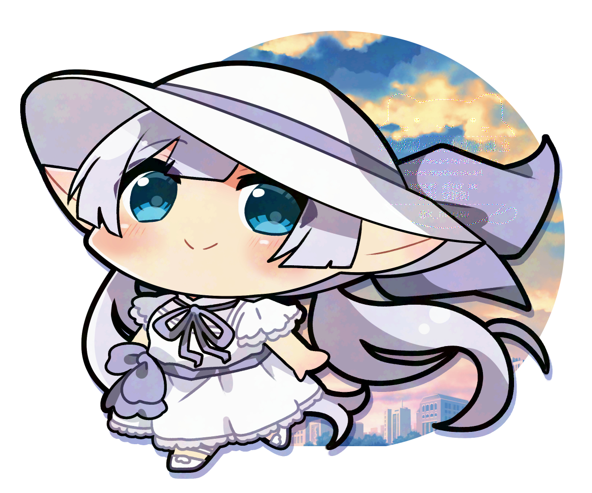 karakuchi muusu, britomart (fate), fate/grand order, fate (series), 1girl, blue eyes, blush, britomart (over the same sky) (fate), chibi, dress, hat, looking at viewer, pointy ears, solo, sun hat, white dress