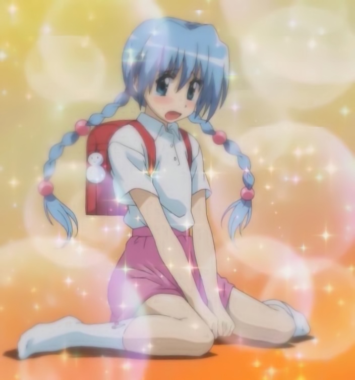 ayasaki hayate, hayate no gotoku!, anime screenshot, stitched, third-party edit, 00s, 1boy, backpack, bag, blue eyes, blue hair, blush, braid, crossdressing, crossdressing (mtf), male focus, matching hair/eyes, randoseru, school uniform, serafuku, solo, trap, twin braids