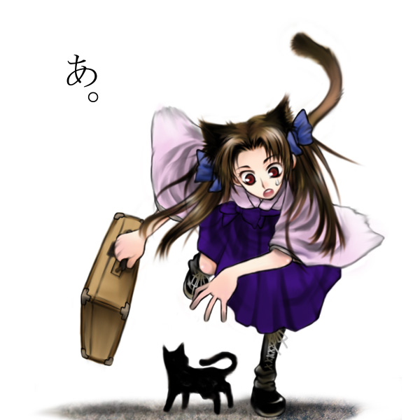 skull mania, animal ears, boots, brown hair, cat, cat ears, cat tail, solo, suitcase, tail