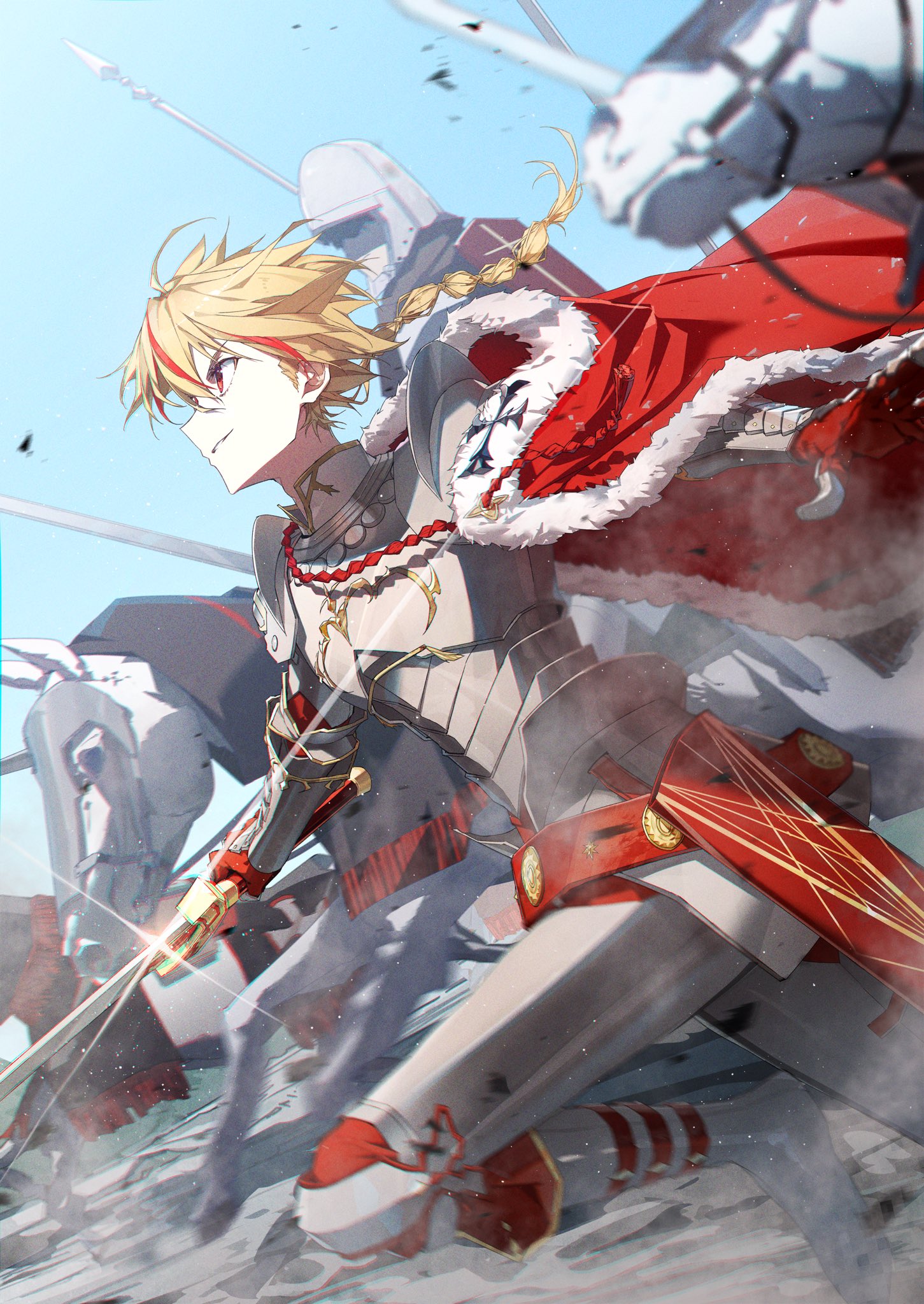 satsuki (satsuki art), richard i (fate), fate/grand order, fate/strange fake, fate (series), highres, armor, barding, blonde hair, blue sky, blurry, braid, braided ponytail, breastplate, cape, cuirass, depth of field, excalibur (fate/strange fake), faulds, full armor, fur-trimmed cape, fur trim, gauntlets, greaves, helm, helmet, horse, knight, motion blur, multicolored hair, pauldrons, plate armor, polearm, red cape, red eyes, red hair, shoulder armor, side cape, sky, solo focus, spear, streaked hair, sword, weapon