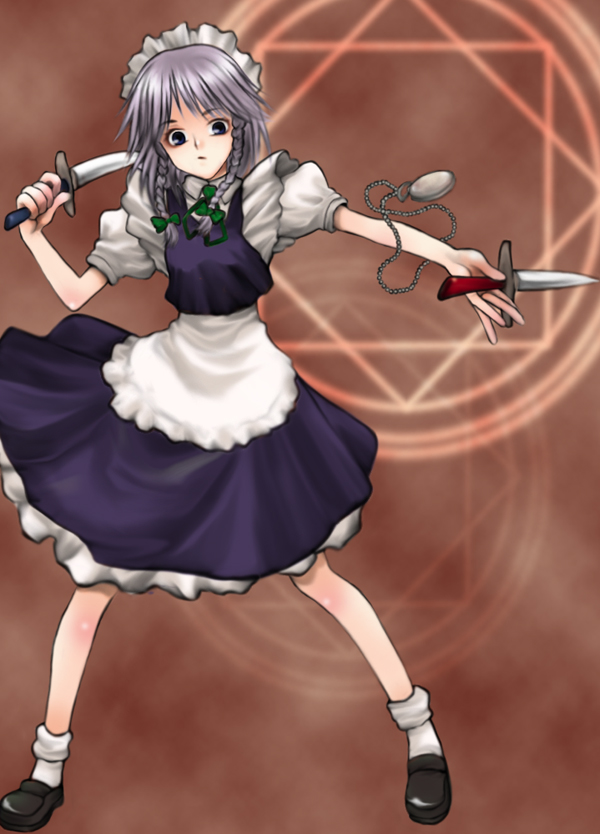 skull mania, izayoi sakuya, touhou, silver hair, 1girl, braid, female focus, knife, short hair, solo, throwing knife, twin braids, weapon