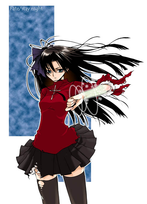 skull mania, tohsaka rin, fate/stay night, fate (series), 00s, 1girl, black hair, black thighhighs, blue eyes, female focus, magic, solo, thighhighs, torn clothes, zettai ryouiki