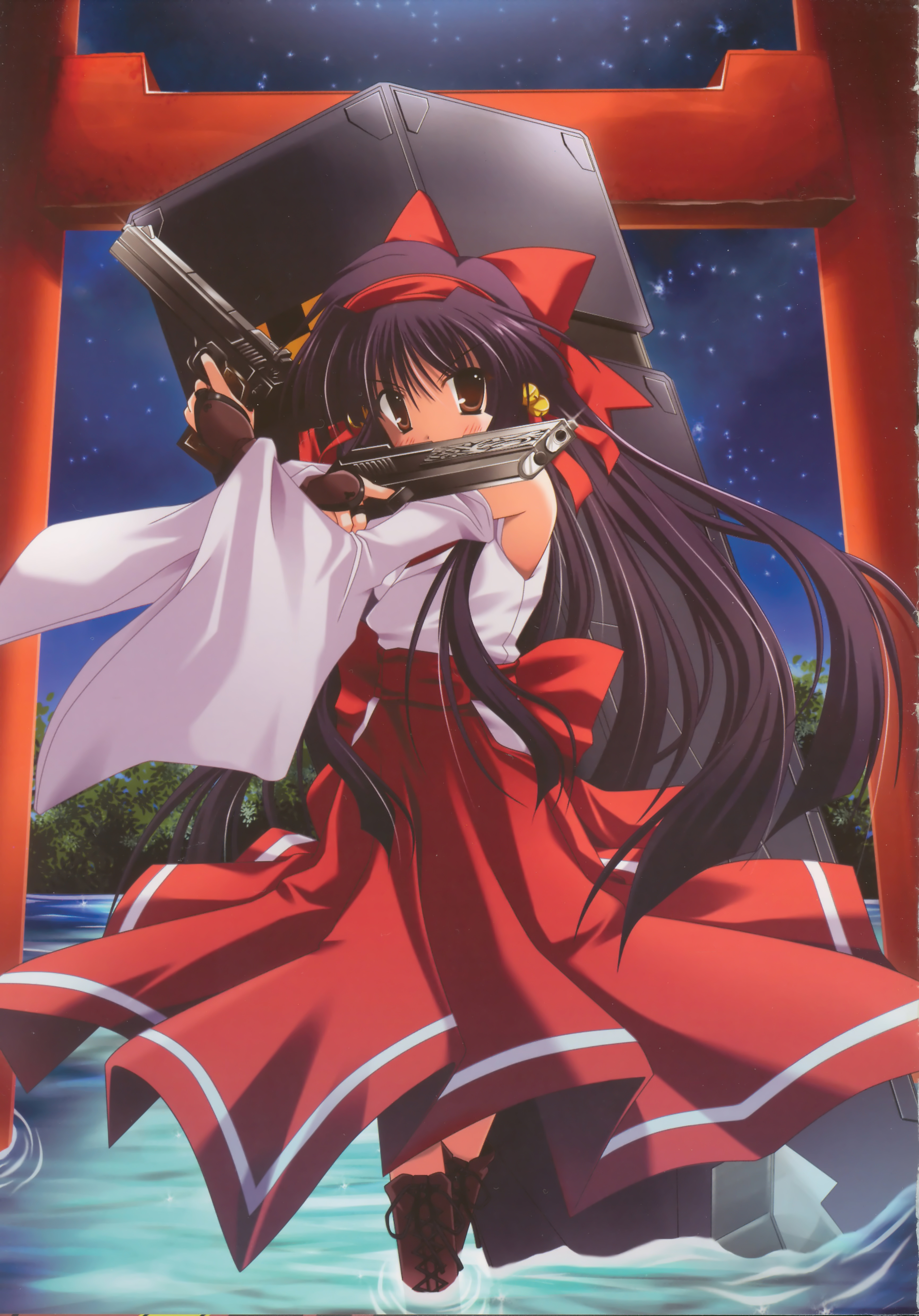 kuonji rin, festa!! hyper girls pop, absurdres, highres, scan, 1girl, armpits, bell, black hair, blush, boots, bridal gauntlets, brown eyes, crossed legs, detached sleeves, dual wielding, female focus, flat chest, gun, hair ribbon, hairband, handgun, holding, japanese clothes, jingle bell, long hair, miko, night, night sky, outdoors, ribbon, shrine, sitting, sky, solo, standing, torii, very long hair, wading, water, weapon