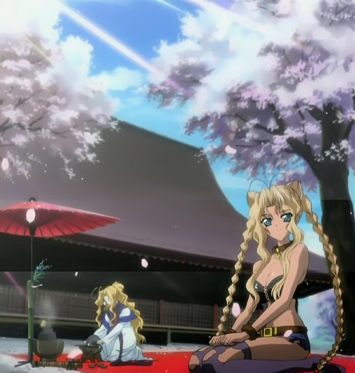 midou kaya, yukihime, yukihime (touka gettan), touka gettan, anime screenshot, stitched, third-party edit, 00s, 2girls, bare shoulders, blonde hair, blue eyes, braid, breasts, cherry blossoms, cleavage, collar, dark-skinned female, dark skin, hair bun, long hair, medium breasts, multiple girls, thighhighs, torn clothes, twin braids