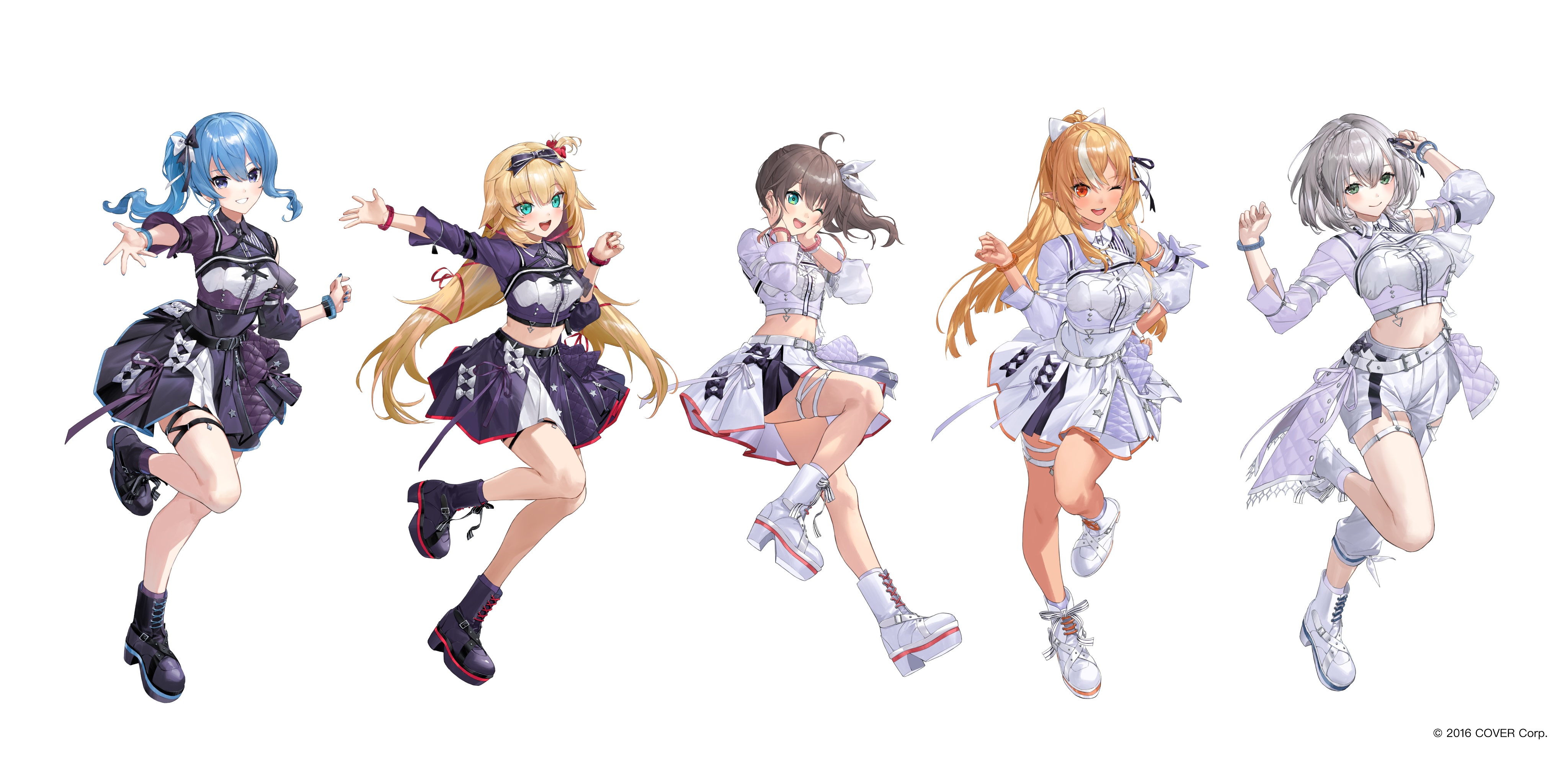 matsuura kento, akai haato, hoshimachi suisei, natsuiro matsuri, shiranui flare, shirogane noel, hololive, absurdres, commentary request, highres, official art, 5girls, asymmetrical clothes, blonde hair, blue eyes, blue hair, breasts, dark-skinned female, dark elf, dark skin, elf, full body, hair between eyes, hololive idol uniform (color rise), idol, idol clothes, long hair, multicolored hair, multiple girls, official alternate costume, pointy ears, red eyes, simple background, streaked hair, virtual youtuber, white background