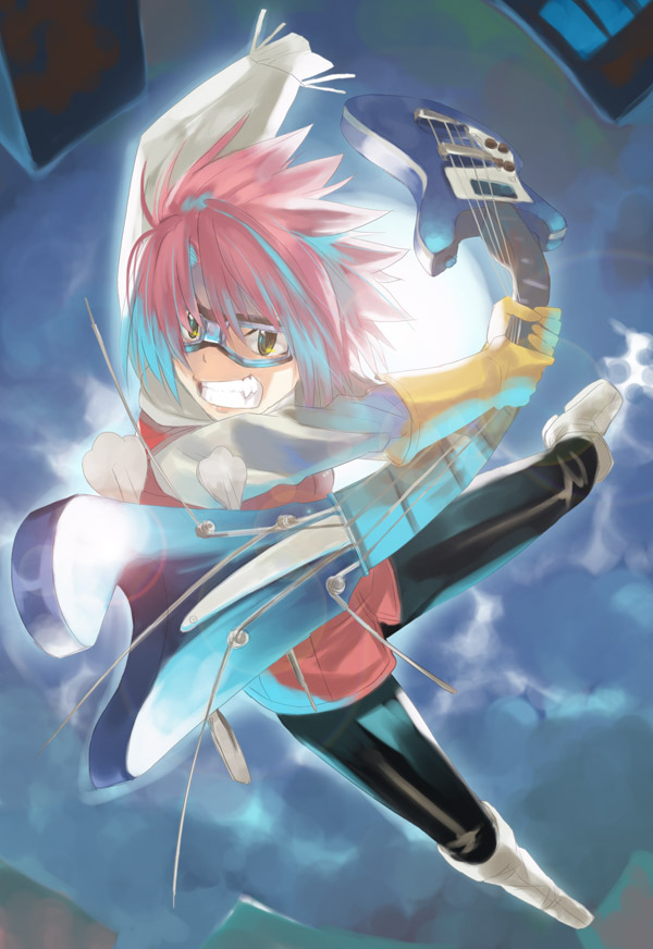kabocha, kabocha (monkey4), haruhara haruko, flcl, 00s, 1girl, bass guitar, female focus, guitar, instrument, pink hair, solo