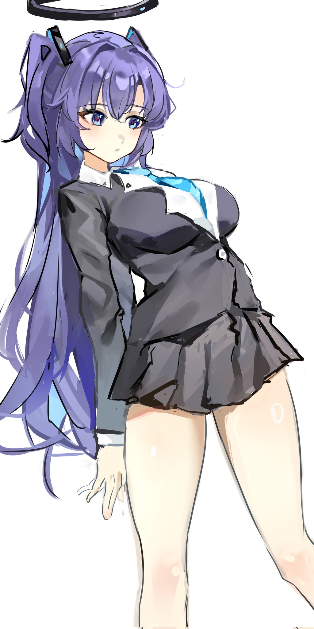 sakanafish, yuuka (blue archive), blue archive, commentary request, highres, 1girl, aqua necktie, black halo, black shirt, black skirt, blue eyes, blue necktie, breasts, closed mouth, collar, collared shirt, feet out of frame, hair between eyes, hair ornament, halo, large breasts, leaning, leaning back, long hair, long sleeves, miniskirt, multicolored eyes, necktie, pleated skirt, purple hair, shirt, simple background, skirt, solo, thighs, very long hair, white background, white collar