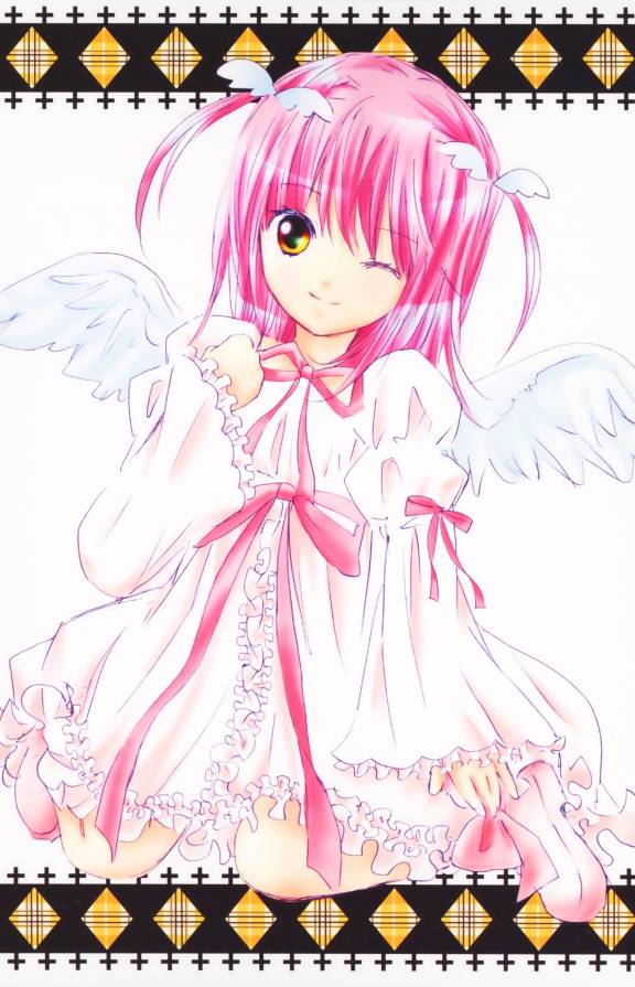 peach-pit, amulet angel, hinamori amu, shugo chara!, official art, scan, 1girl, angel, dress, female focus, jewelry, lace, magical girl, one eye closed, pink hair, ribbon, short hair, smile, solo, wings, wink, yellow eyes