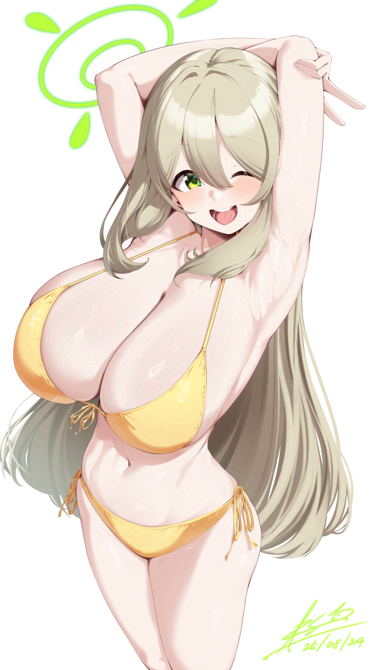 esto 0079, nonomi (blue archive), nonomi (swimsuit) (blue archive), blue archive, adversarial noise, highres, 1girl, ;d, armpits, arms behind head, bare arms, bare legs, bikini, blush, breasts, brown hair, caustics, cleavage, cowboy shot, dated, double-parted bangs, fisheye, front-tie bikini top, front-tie top, green eyes, green halo, hair between eyes, halo, halterneck, huge breasts, long sidelocks, looking at viewer, navel, official alternate costume, one eye closed, open mouth, outdoors, presenting armpit, shiny skin, side-tie bikini bottom, sideboob, sidelocks, signature, smile, solo, stretching, string bikini, sunlight, swimsuit, teeth, tongue, v, yellow bikini