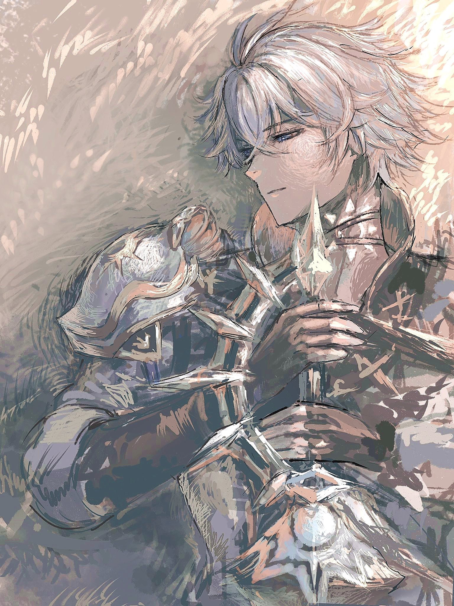 miton (vvse5752), phainon (honkai: star rail), honkai: star rail, honkai (series), highres, 1boy, armor, belt, black choker, blue eyes, choker, crossed bangs, fingerless gloves, gloves, grey hair, hair between eyes, half-closed eyes, holding, holding sword, holding weapon, male focus, neck tattoo, parted bangs, pauldrons, short hair, shoulder armor, single pauldron, solo, sword, tattoo, upper body, weapon, yellow pupils