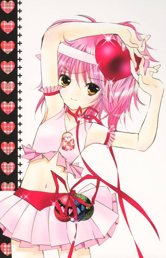 peach-pit, amulet heart, hinamori amu, shugo chara!, official art, scan, 1girl, blush, cheerleader, egg, female focus, hat, jewelry, lace, magical girl, pink hair, ribbon, short hair, skirt, smile, solo, yellow eyes