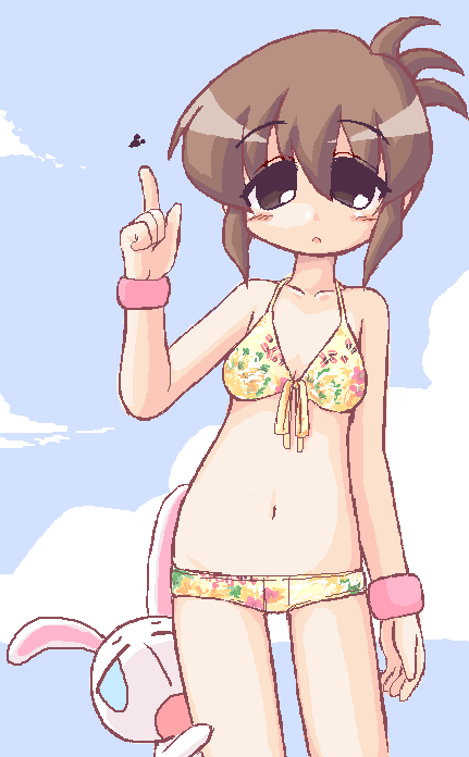 ikkyuu, ichijou, mesousa, pani poni dash!, 00s, beach, bikini, brown hair, oekaki, solo, swimsuit, yellow bikini