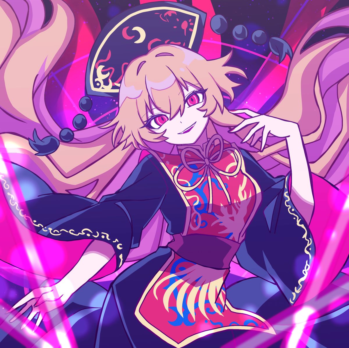 junko (touhou), touhou, 1girl, black dress, black hat, blonde hair, breasts, chinese clothes, cowboy shot, dalachi (headdress), dress, hand up, hat, long hair, madeno, phoenix print, red eyes, red tabard, smile, solo, tabard, upper body, very long hair, wide sleeves