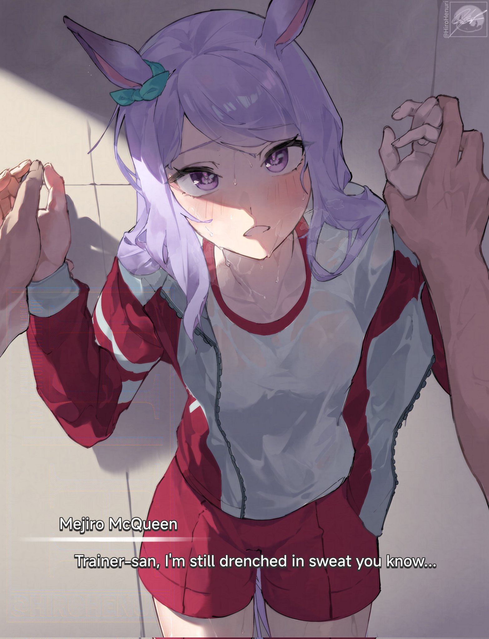 shirohitoishi, mejiro mcqueen (umamusume), trainer (umamusume), umamusume, highres, 1boy, 1girl, against wall, animal ears, blush, breasts, heart, heart-shaped pupils, horse ears, horse girl, horse tail, jacket, kabedon, looking at viewer, open clothes, open jacket, open mouth, purple eyes, purple hair, see-through clothes, shirt, shorts, small breasts, sweat, sweaty clothes, symbol-shaped pupils, tail