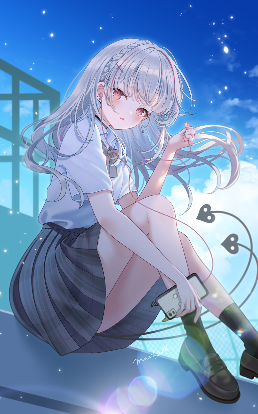 myusha, asumi sena, original, highres, 1girl, black socks, blue sky, bow, cellphone, cloud, collared shirt, day, earbuds, earphones, earrings, grey bow, grey hair, grey skirt, holding, holding phone, jewelry, long hair, looking at viewer, outdoors, parted lips, phone, pleated skirt, red eyes, school uniform, shirt, short sleeves, sitting, skirt, sky, socks, solo, tail, white shirt