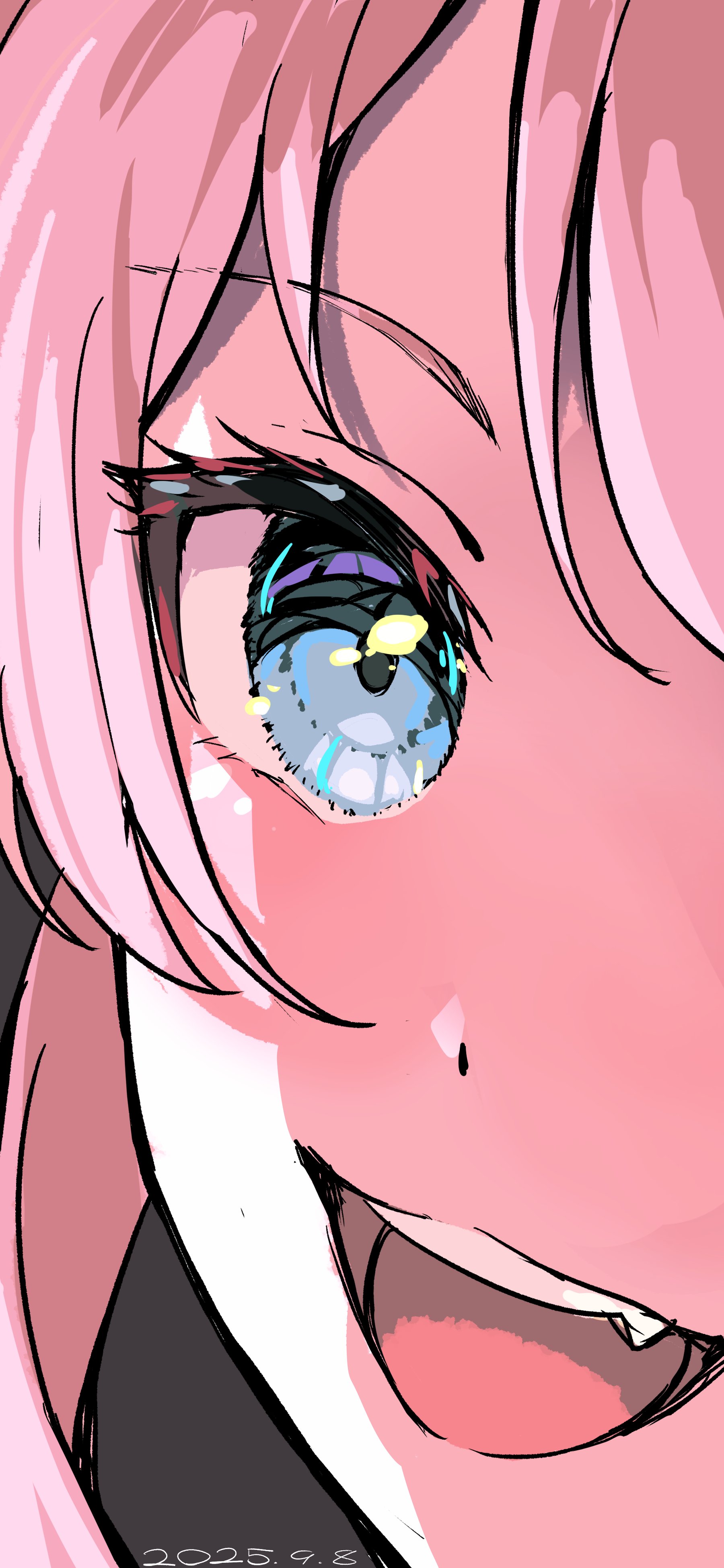 nobusawa osamu, chihaya anon, bang dream!, bang dream! it's mygo!!!!!, absurdres, commentary, highres, 1girl, blue eyes, close-up, dated, fang, grey background, looking at viewer, open mouth, pink hair, simple background, solo, teeth, upper teeth only