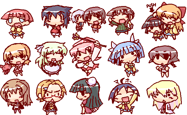ikkyuu, pani poni dash!, silver hair, 00s, 6+girls, :d, ^ ^, angry, animal ears, arm up, black hair, blonde hair, blush, cat ears, closed eyes, dress, everyone, expressionless, from side, full body, glasses, jitome, long sleeves, looking at viewer, multiple girls, oekaki, open mouth, pink hair, profile, rimless eyewear, rod, simple background, smile, staff, standing, white background