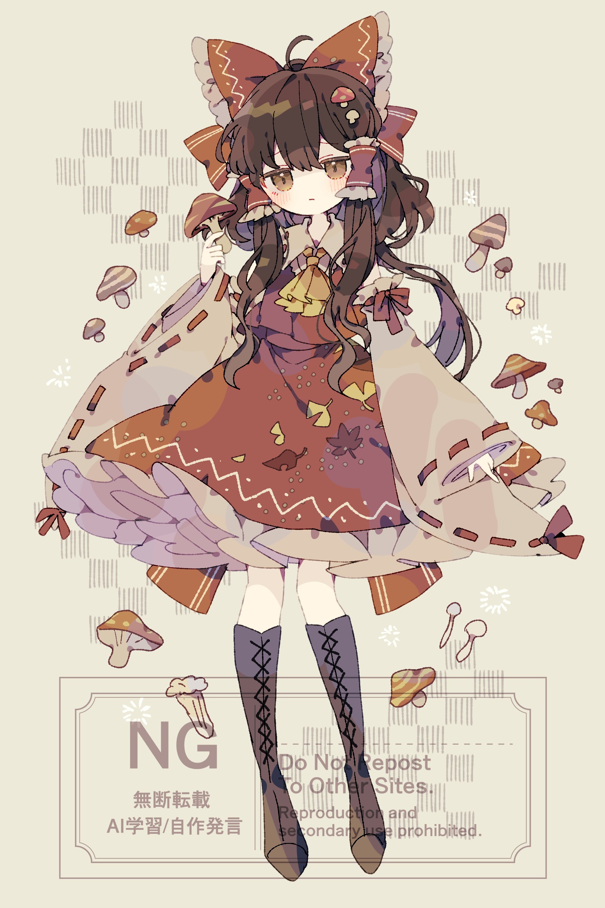 nikorashi-ka, hakurei reimu, touhou, absurdres, highres, 1girl, boots, brown boots, brown eyes, brown hair, closed mouth, detached sleeves, english text, full body, hair ribbon, hand up, holding, holding mushroom, mushroom, red ribbon, red shirt, red skirt, ribbon, shirt, skirt, sleeveless, sleeveless shirt, solo, watermark, white sleeves, wide sleeves
