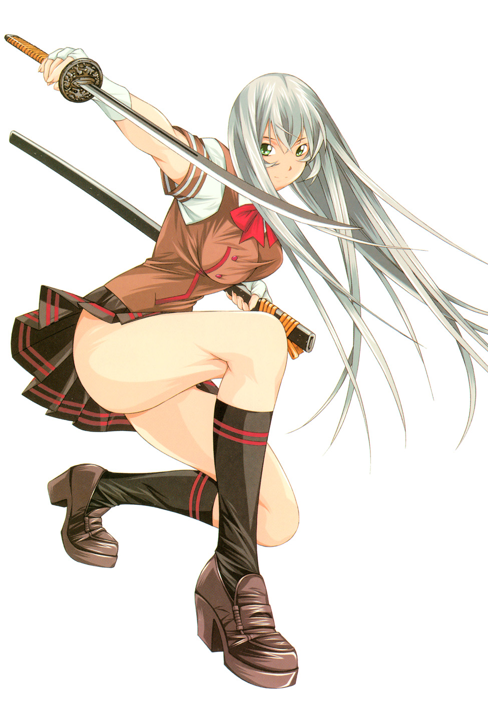 shiozaki yuji, chouun shiryuu, ikkitousen, silver hair, highres, official art, 00s, 1girl, black socks, bow, bowtie, breasts, female focus, fighting stance, fingerless gloves, fingernails, full body, gloves, green eyes, high heel loafers, high heels, katana, kneehighs, large breasts, legs, loafers, long fingernails, long hair, no panties, pleated skirt, school uniform, serafuku, sheath, shirt, shoes, simple background, skirt, smile, socks, solo, squatting, sword, taut clothes, taut shirt, thighs, upskirt, very long hair, weapon, white gloves