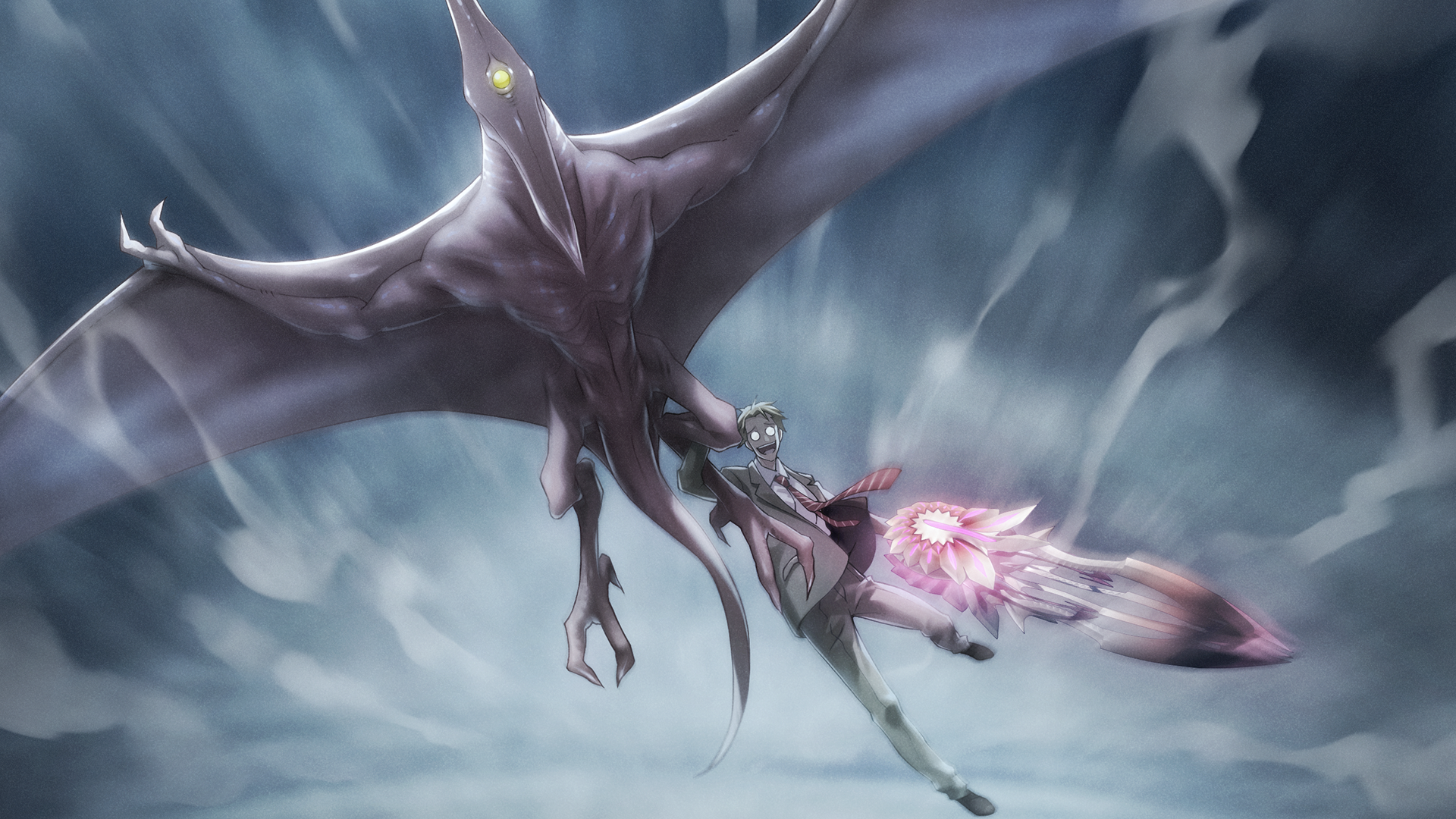 sasaki mutsumi, chaos;child, science adventure, game cg, highres, non-web source, official art, 1boy, black shoes, blonde hair, brown jacket, brown pants, collared shirt, creature, d-sword, dress shirt, floating neckwear, flying, formal clothes, glasses, holding, holding sword, holding weapon, huge weapon, incoming attack, jacket, laughing, loafers, looking at viewer, motion blur, motion lines, necktie, opaque glasses, open mouth, pants, red necktie, round eyewear, shirt, shoes, short hair, striped necktie, suit, suit jacket, sword, teeth, tongue, upper teeth only, wakui shuuichi, weapon, white shirt