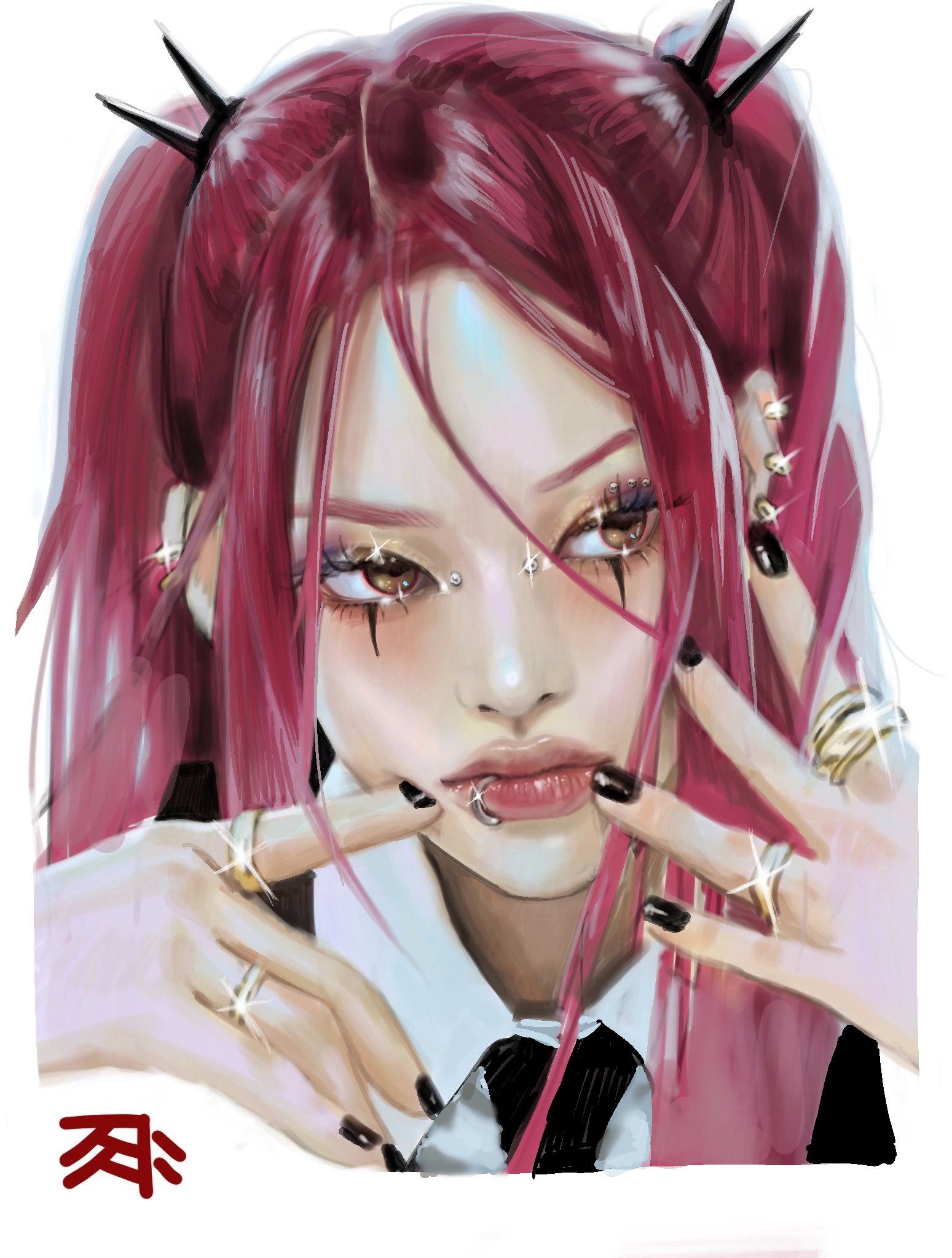 mira (kpop demon hunters), kpop demon hunters, commentary request, highres, korean commentary, 1girl, black nails, black necktie, brown eyes, closed mouth, collared shirt, eyeshadow, glint, jewelry, looking to the side, makeup, mascara, necktie, realistic, ring, sha sha2052, shirt, sidelocks, simple background, solo, twintails, white background