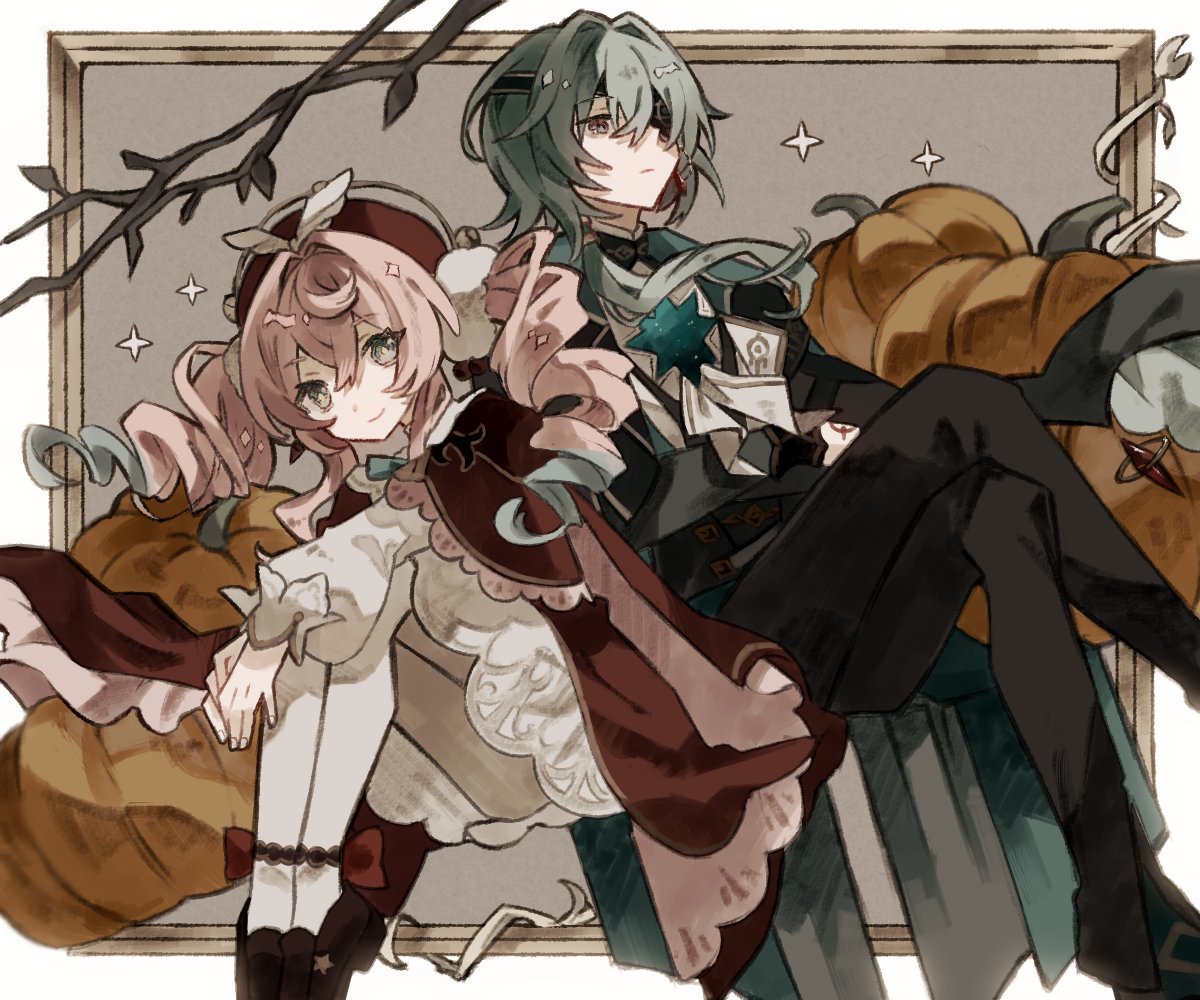 toskogahazan, anaxa (honkai: star rail), hyacine (honkai: star rail), honkai: star rail, honkai (series), 1boy, 1girl, aqua hair, beret, black corset, black jacket, black pants, chain, closed mouth, corset, dress, drill hair, earrings, eyepatch, gem, hair between eyes, hair intakes, hat, jacket, jewelry, lapels, looking at viewer, mandarin collar, medium hair, notched lapels, one eye covered, pants, pantyhose, pink hair, pumpkin, red dress, red gemstone, red hat, shirt, side ponytail, single earring, smile, twintails, white pantyhose, white shirt