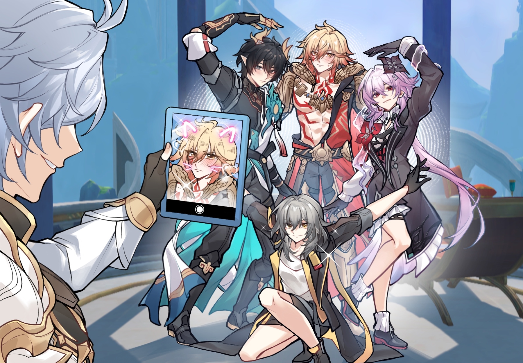 dan heng (honkai: star rail), dan heng (permansor terrae) (honkai: star rail), evernight (honkai: star rail), march 7th (honkai: star rail), mydei (honkai: star rail), phainon (honkai: star rail), stelle (honkai: star rail), trailblazer (honkai: star rail), honkai: star rail, honkai (series), chinese commentary, commentary request, derivative work, highres, 2girls, 3boys, armor, black coat, black dress, black gloves, black shirt, blonde hair, blue sky, blush, braid, chest tattoo, clawed gauntlets, coat, dress, earrings, facial tattoo, fingerless gloves, gloves, gold earrings, gold necklace, gradient hair, grey hair, half-heart hands, horns, implied yaoi, jewelry, jieyongwansui960, long hair, male focus, medium hair, multicolored hair, multiple boys, multiple girls, necklace, open clothes, open coat, parody, pauldrons, red hair, red tattoo, shirt, shoulder armor, side braid, single glove, single pauldron, sky, tattoo, toned, toned male, very long hair, white coat, white shirt, yellow eyes